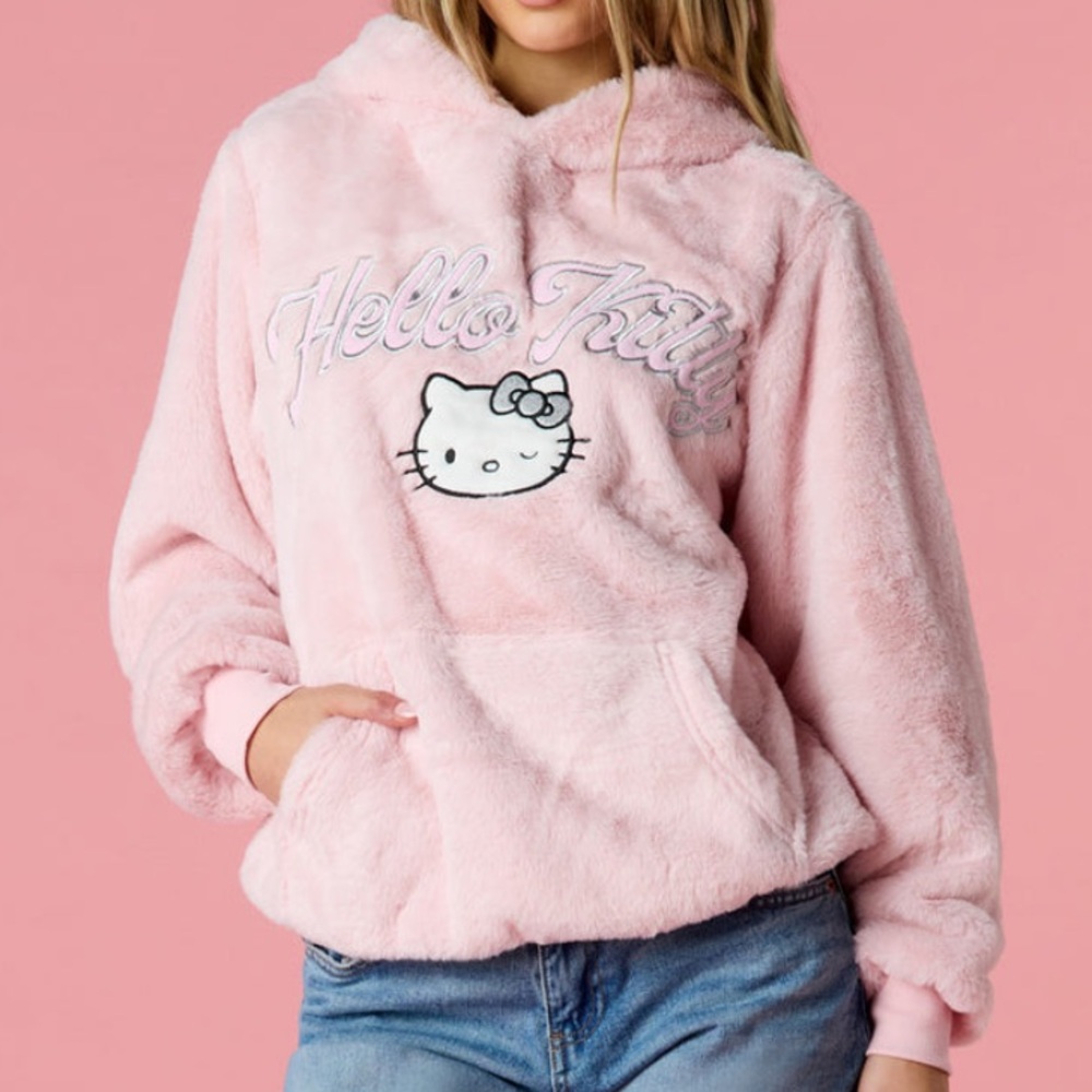 NWT Hello Kitty® Faux Fur Embroidered Hoodie - Pink - Picture 2 of 4